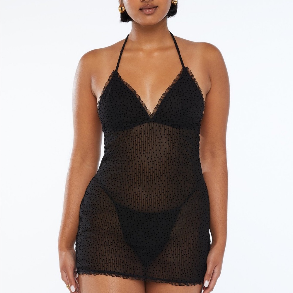 Savage Fenty Back to the Boudoir Sheer Black Mesh Striped Polka Dot Slip Dress